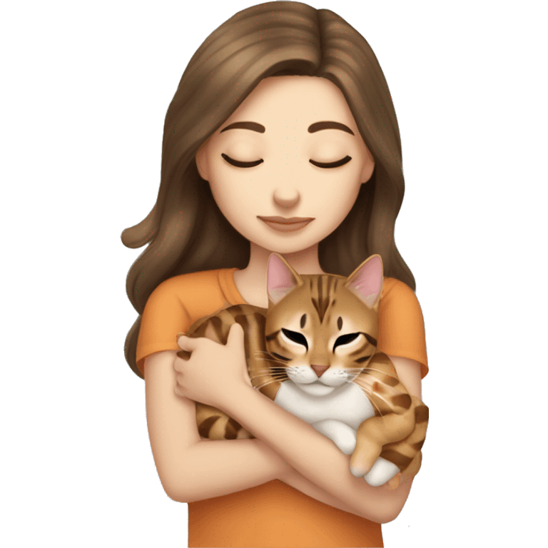 extremely light skin brunette girl sleeping with cute bengal cat emoji