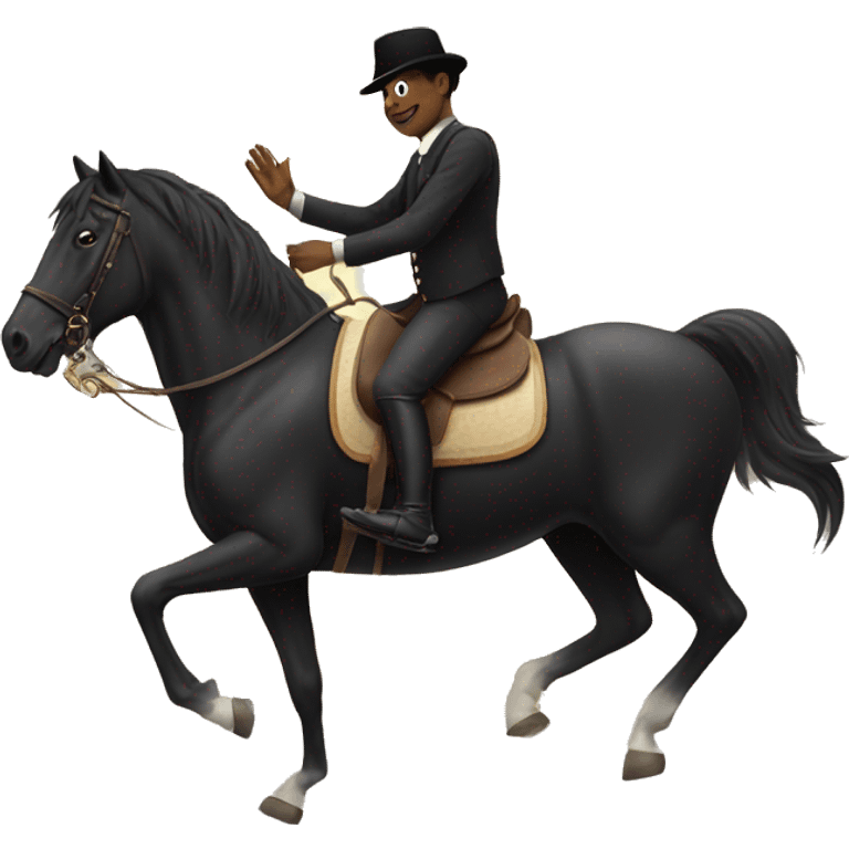 A black horse riding a man while a cat is clapping emoji