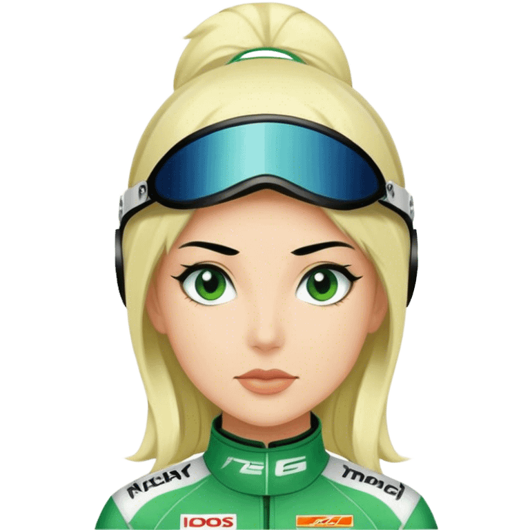 black hair blond skin woman in green racing suit emoji