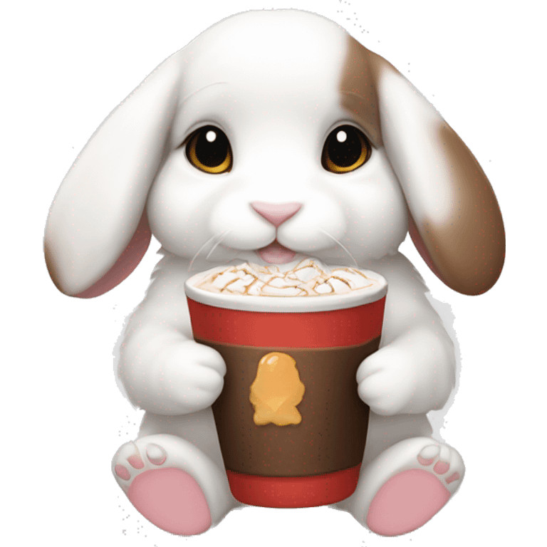 White mini lop drinking marshmallow hot chocolate  emoji