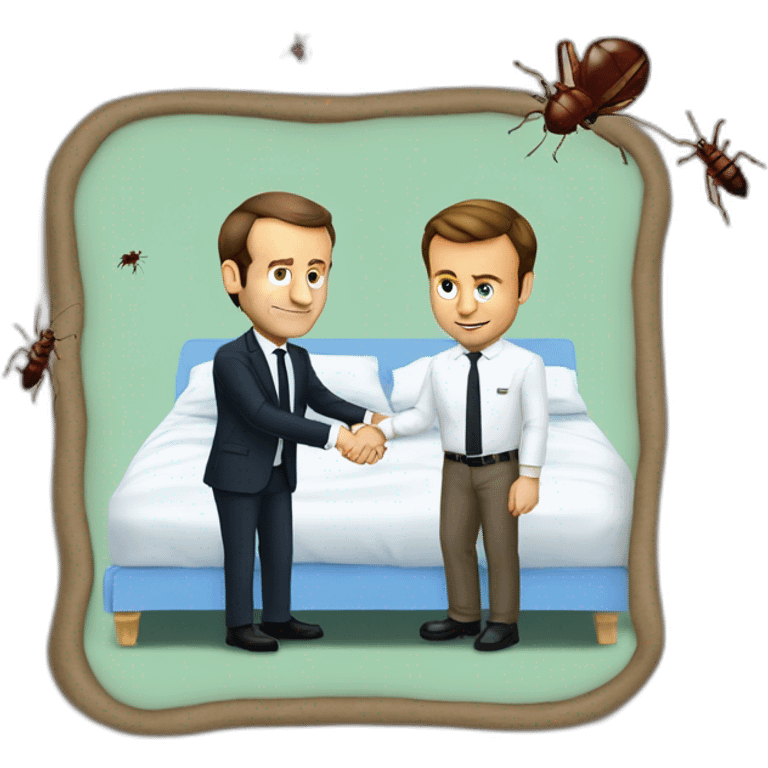 emmanuel macron handshaking with a bed bug emoji