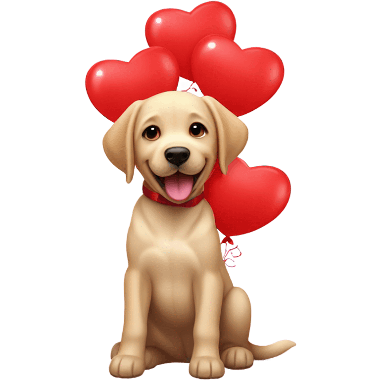 Puppy labrador happy Surrounded by red heart-shaped balloons emoji