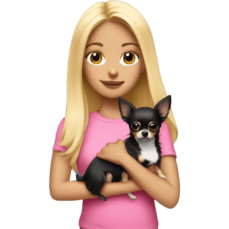 Blonde girl in a pink shirt holding a black long haired chihuahua  emoji