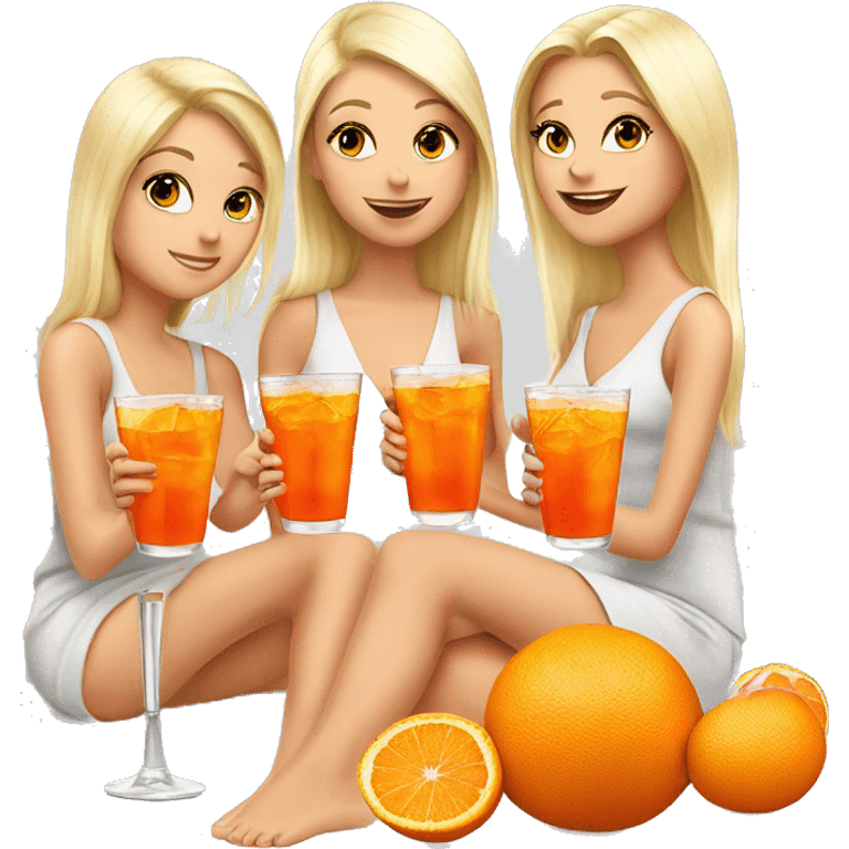 Three beautiful blond girls drinking aperol sitting on oranges emoji