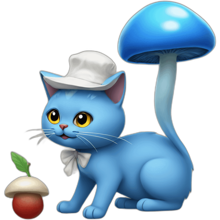 blue cat with white mushroom hat. berries on his back. holding stick with a snail poked into the end of it. emoji