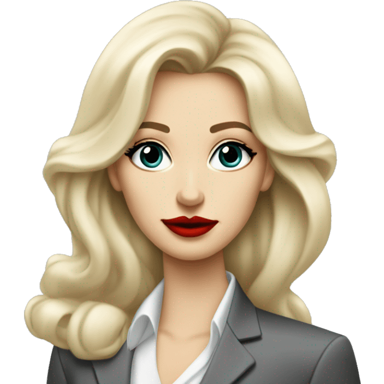 Russian Blonde long hair with big red lips small nose and black eyes Tiffany diamond seller in a grey suit emoji