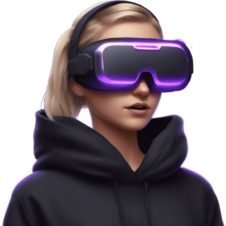 Russian girl wearing black hoody with violet letters "OMG", in vr headset oculus quest2. Standing like jedi. Cyberpunk style. Violet neon. emoji