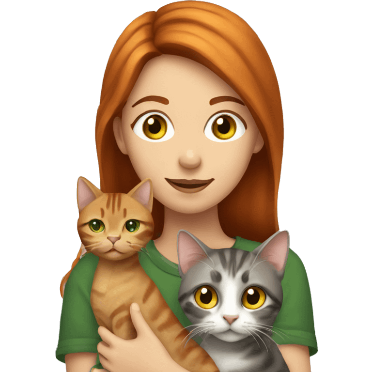 red haired girl with green eyes holding a brown and gray tabby cat with yellow eyes emoji