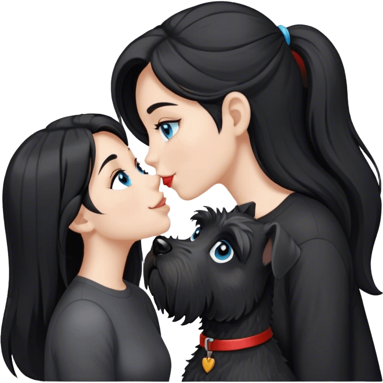 one pale girl with light blue eyes and long black hair wearing black shirt kissing schnauzer smiling black schnauzer  emoji