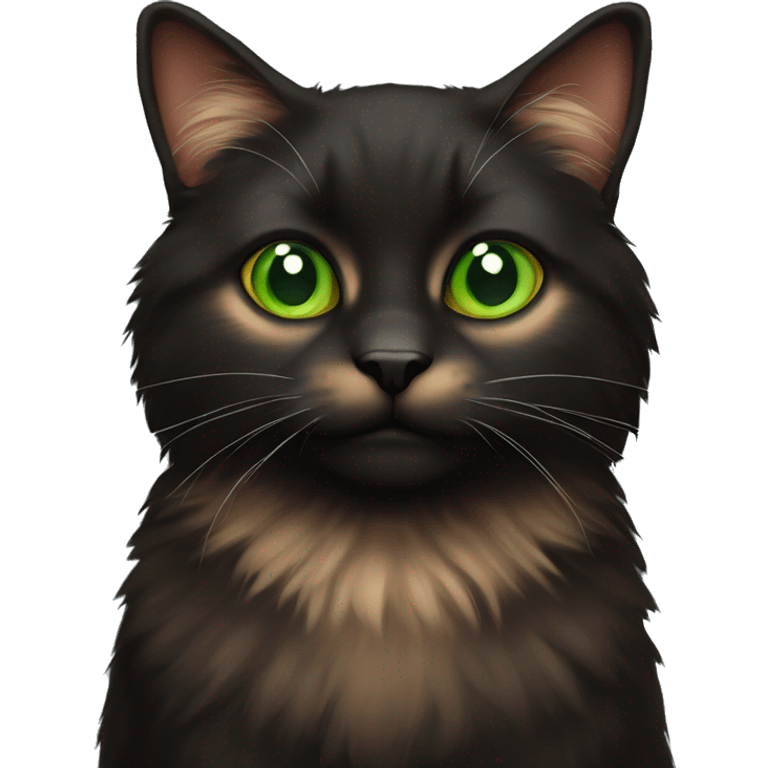 black and brown furry cat with green eyes emoji