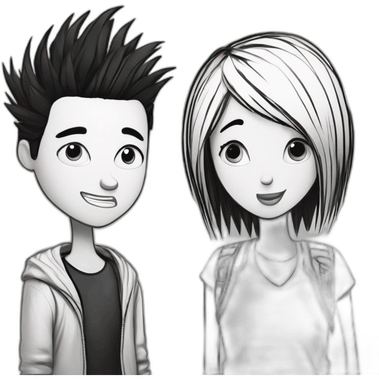 (a black and white dog) and a girl with black spiky hair looking at each other in style of ((sarah andersen)), black and white,sarah andersen,cartoon,drawn,sketch emoji