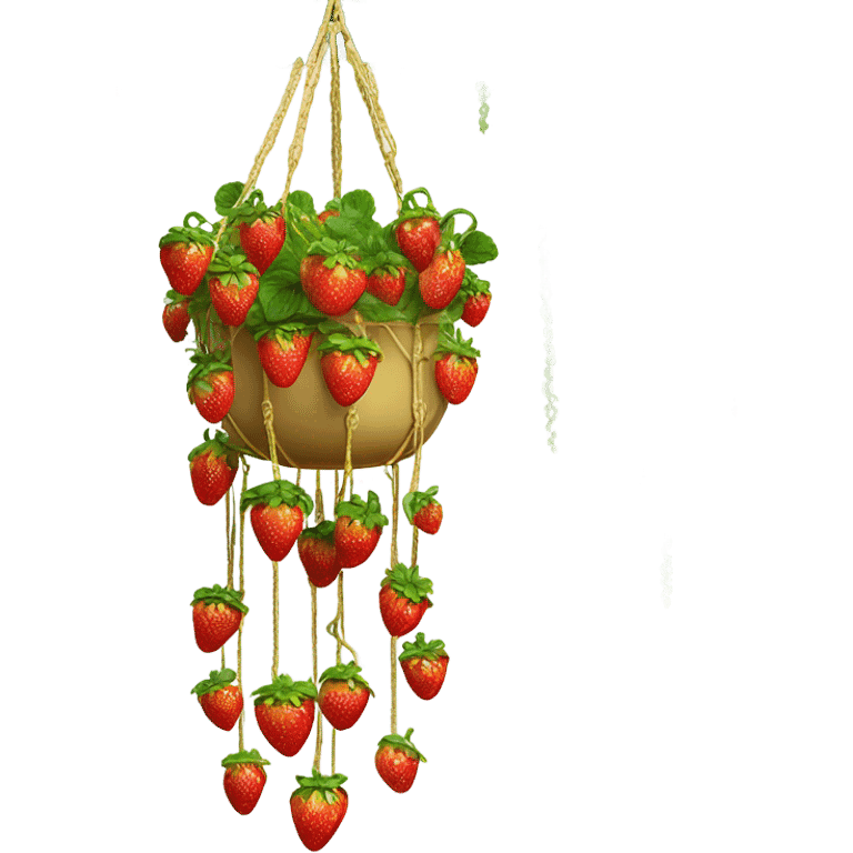 Hanging macrame gold planter with strawberries hanging down  emoji