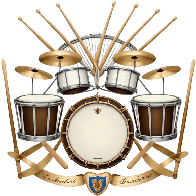 Create a complex, festive, and professional emblem-like emoji representing percussion instruments. The design should resemble a heraldic crest, featuring iconic drums and percussion such as a snare drum, bass drum, timpani, cymbals, marimba, and tambourine, arranged in a balanced and symmetrical composition. Drumsticks should cross elegantly at the center, symbolizing rhythm and energy. A flowing ribbon of musical notes should weave dynamically around the instruments, enhancing the celebratory and grand aesthetic. Ornate elements such as laurel wreaths, swirls, or subtle engravings should emphasize the prestige and importance of percussion in music. The color palette should include rich gold, deep mahogany, and silver, with refined highlights and shading for a polished, three-dimensional effect. The overall composition should be harmoniously structured, visually complete, and suitable as a standalone emblem. The background should be transparent. emoji