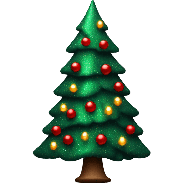 Sparkly dark green christmas tree with small lights and red decor emoji