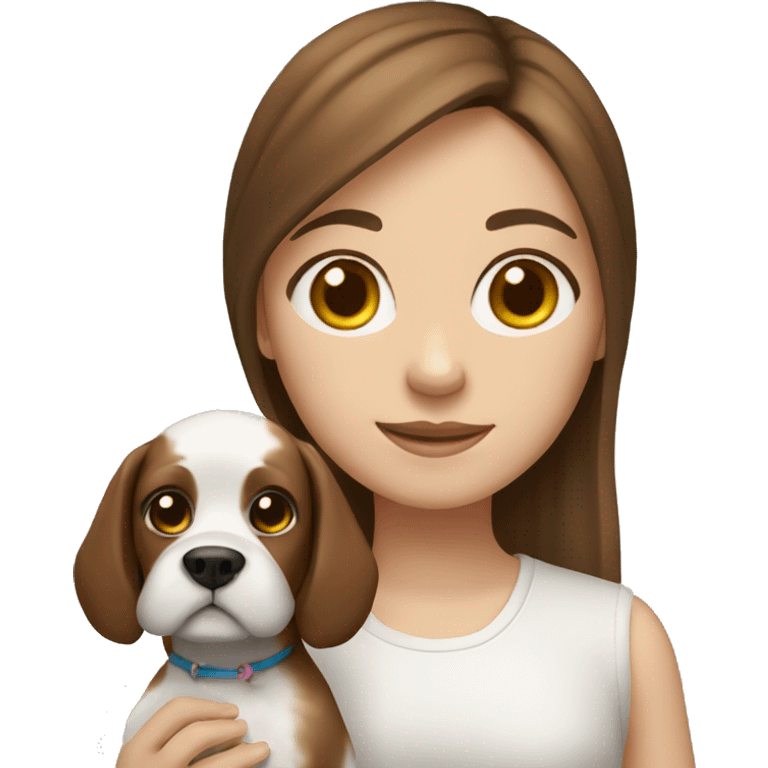 A girl with brown hair and her dog ( is a white shithzu) emoji