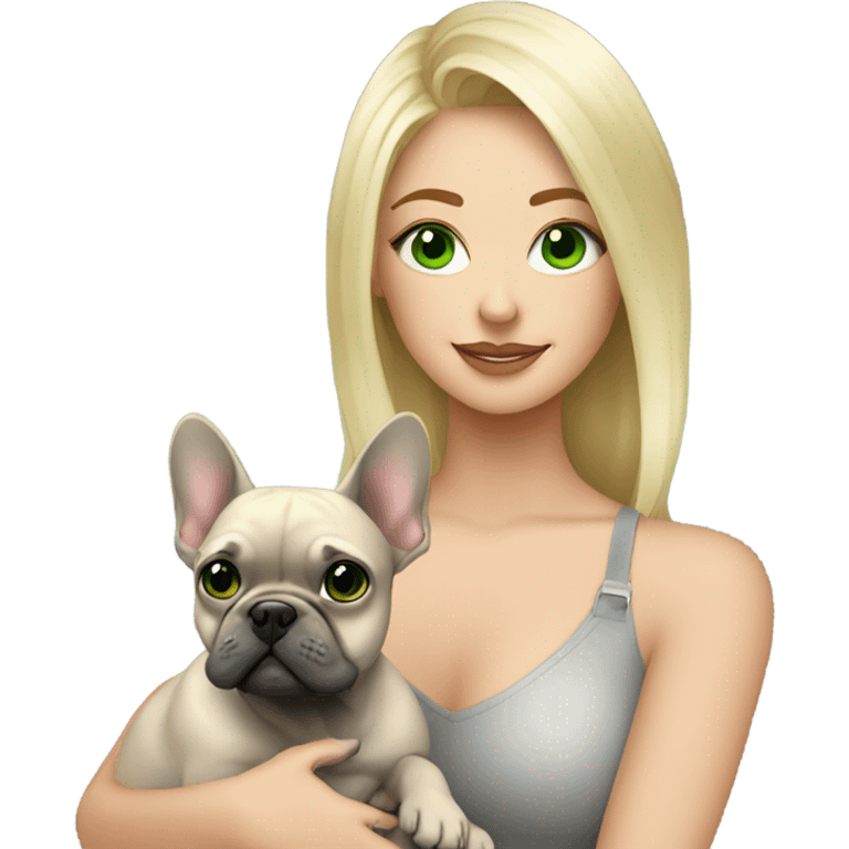 Blonde woman green eyes hugging light gray frenchie  emoji