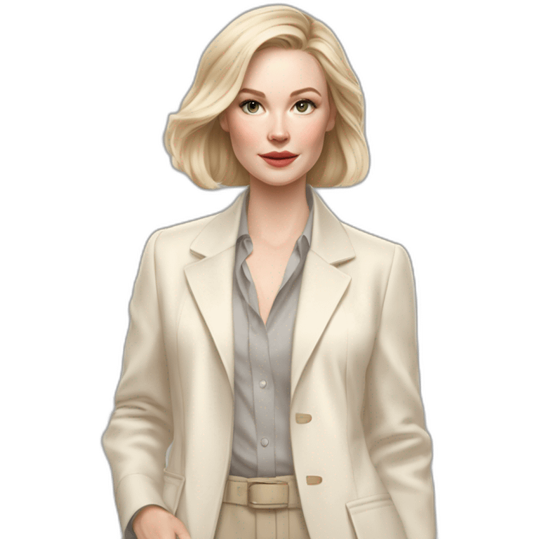 pale skin woman with ash blonde Straightened bob Hair, White Spacious classical jacket, beige palazzo Arrow pants and gray blouse holding white IPhone 15 pro in the hands emoji