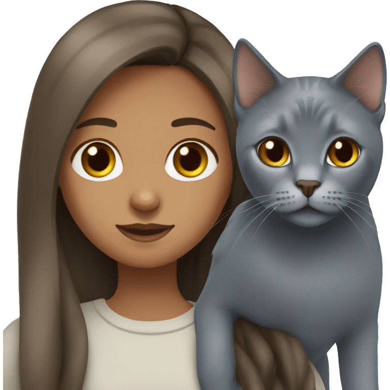 Brown long hair girl and russian blue cat together emoji