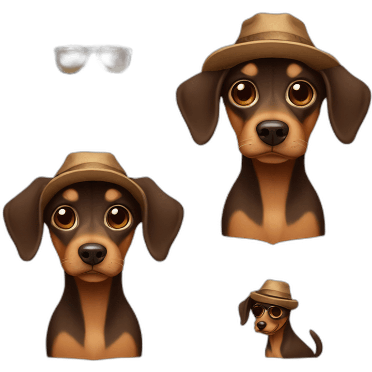 A dog with race of pincher nain with brown fur and with sunglasses and hat  emoji