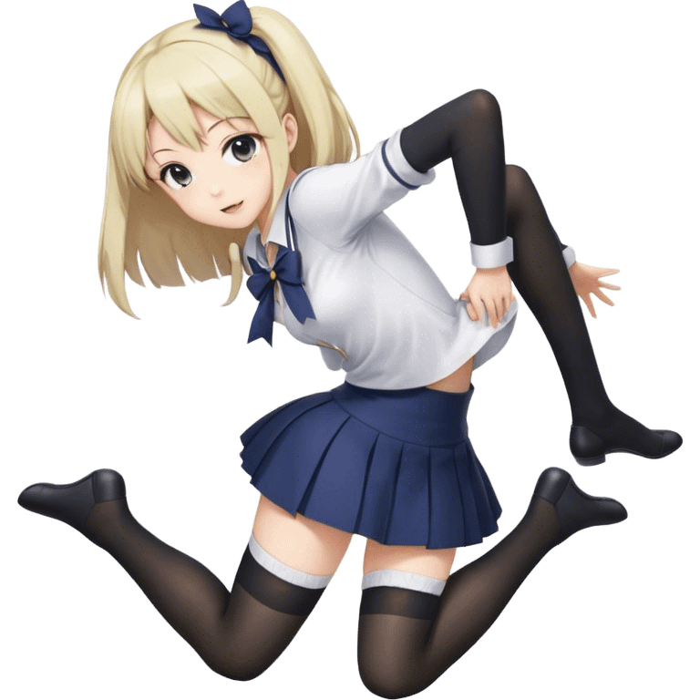 anime girl wearing thigh-high stockings, bending over to reach for something. Her short skirt lifts slightly, revealing a teasing glimpse. Playful and flirty expression, detailed anime style, soft lighting. emoji