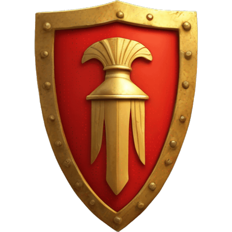 A bright red, rectangular-shaped Roman legionary shield with bold golden edges and a central gold boss. The shield features subtle geometric patterns and a worn texture, symbolizing both protection and battle readiness emoji