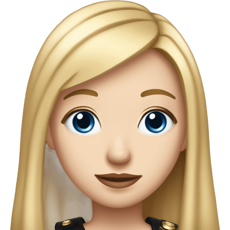 a girl with thick blonde and slightly light pink straight hair with blue eyes, with a straight nose with a piercing in the wing of the nose, thin lips, dressed in a black uniform with gold shoulder straps on which two letters KK emoji