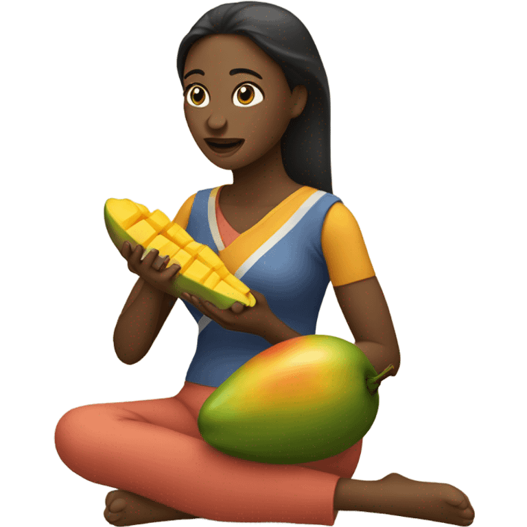 woman eating on long shaped mango emoji