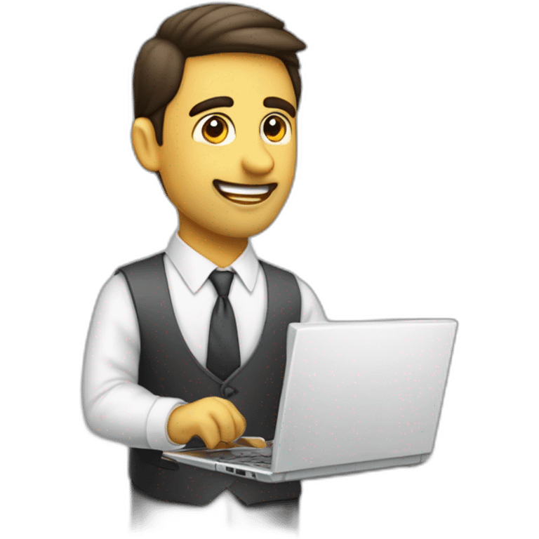 Hombre vesitdo con una laptop haciendo negocios, de color blanco, vestido con traje y corbata emoji