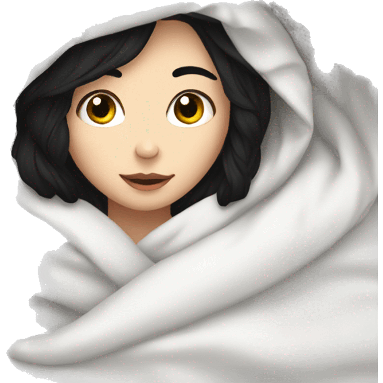 Pale Girl with black hair  laying down cozy in a white blanket emoji