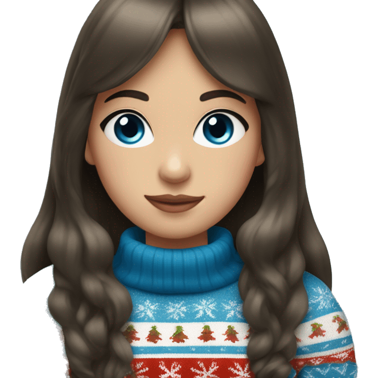 A girl with bangs of dark brown hair and blue eyes in a Christmas sweater emoji