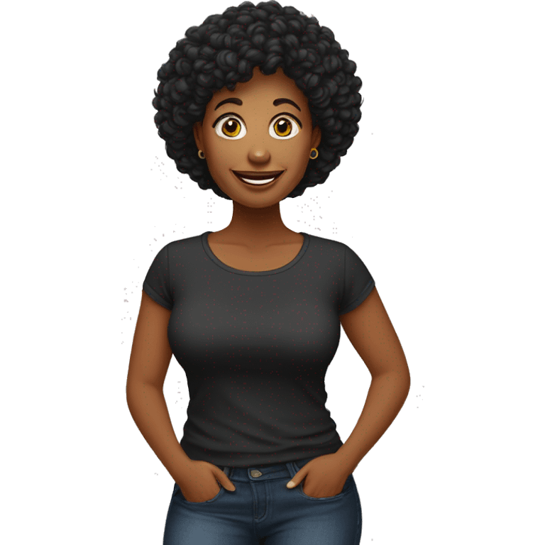 mulher, 54 anos, gorda, feliz, cabelo liso preto, na altura do ombro, olhos castanhos, vestindo calça leg e camiseta  preta emoji