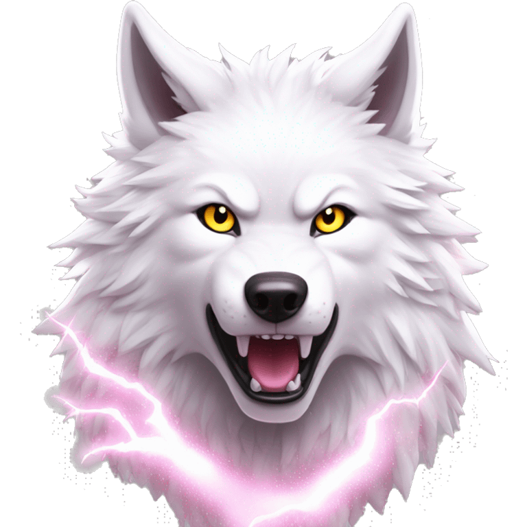 Lightning running sparkling glitter white wolf snarling huge eyes sun halo black white pink red yellow emoji