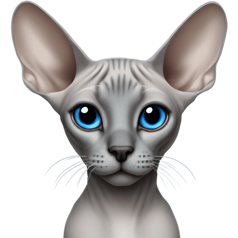 Sphinx cat , grey with a blach nose and blue eyes emoji