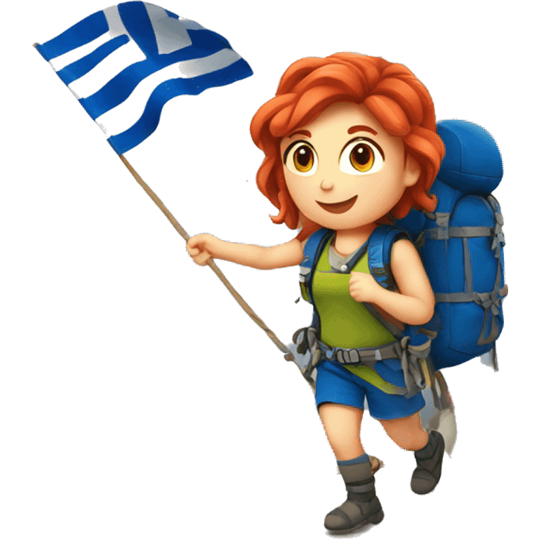 Greek flag background Female mountain climber red hair climbing with Greek flag on backpack and holding Easter eggs basket emoji