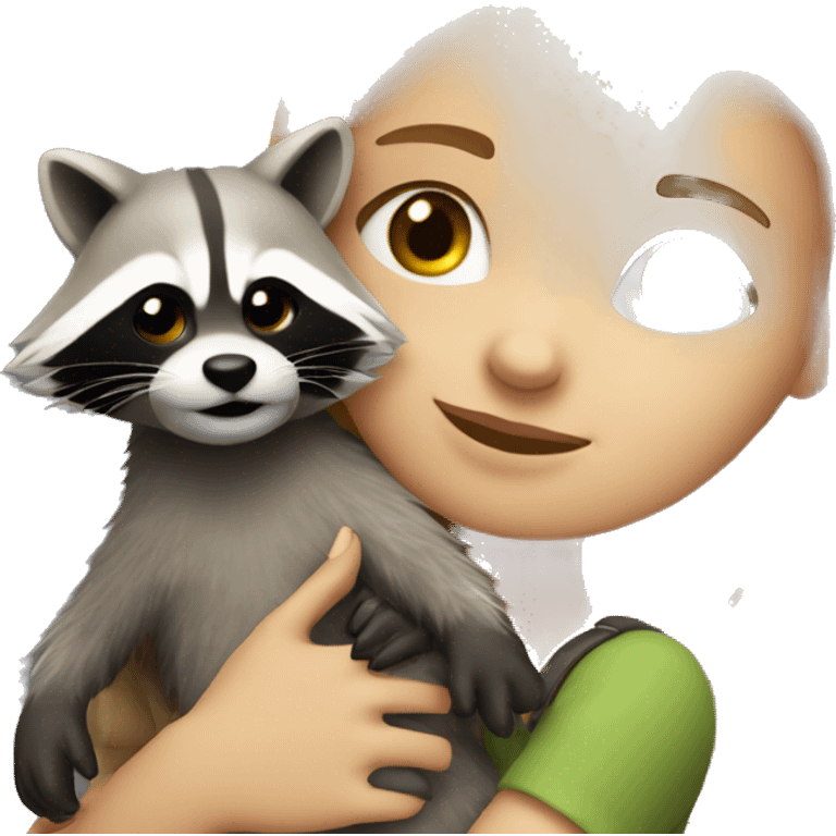 Blonde girl cuddles with a racoon emoji