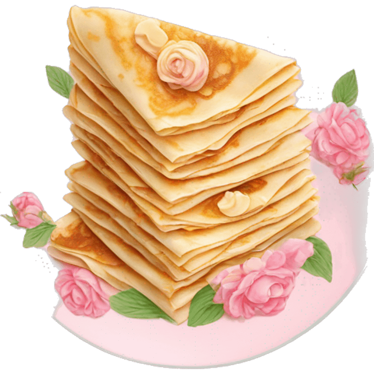 Crepes stacked on a light pink porcelain plate with floral print  emoji