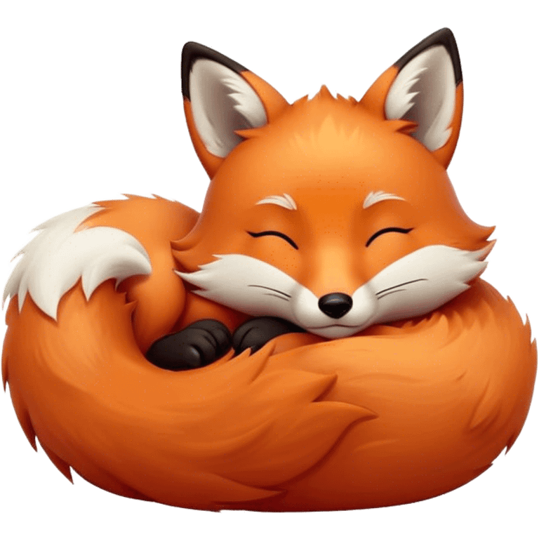 Cinematic cute sleepy fox, curled into a cozy fluffy ball, warm glowing fur, tiny black nose resting on its tail, soft breathing visible, peaceful and charming. emoji