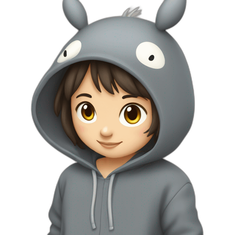 Fille Brune avec un sweat-capuche Totoro gris foncé avec les rond clair de Totoro sur ventre  emoji