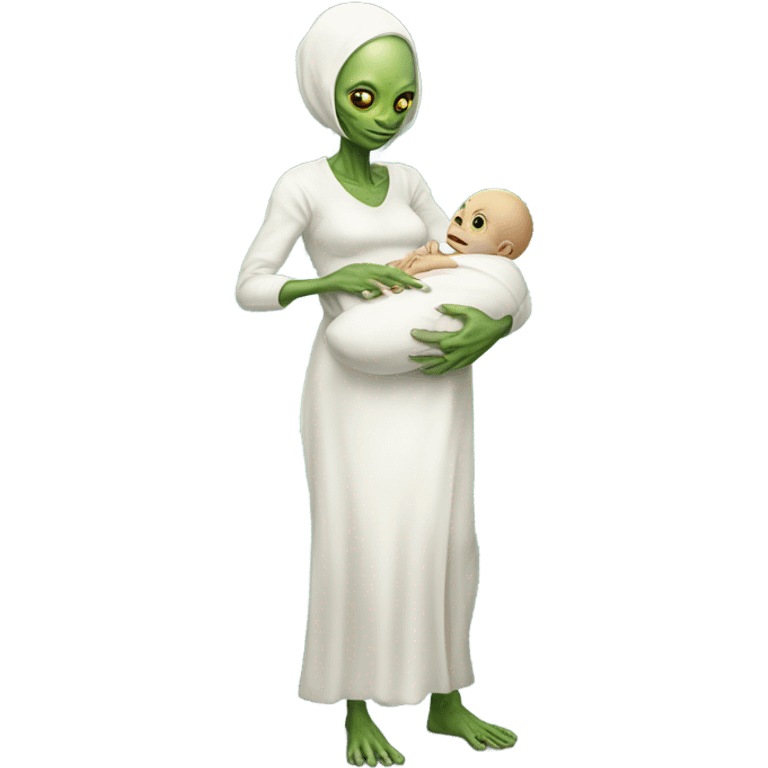  Reptilian alien woman , full body,  holds a newborn white "humman no alien baby" emoji