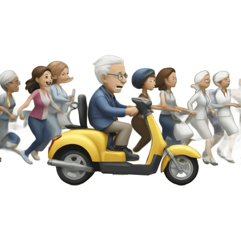 Old man riding a medical scooter chased by a group of women emoji