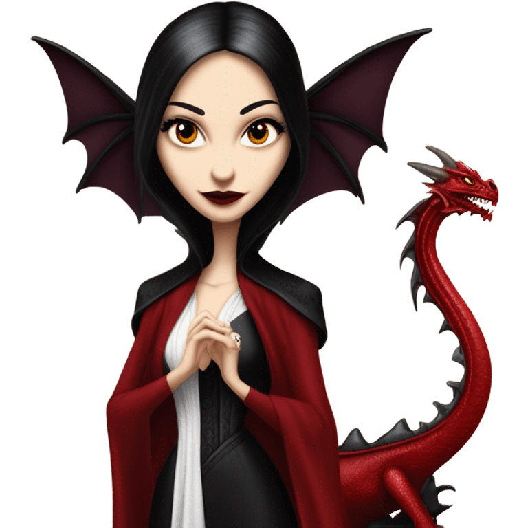 Lavish Victorian evening gown, young Morticia Addams Jedi wearing a mini tiara, riding on the back of a very large blood red evil-looking fire-spewing horned dragon emoji