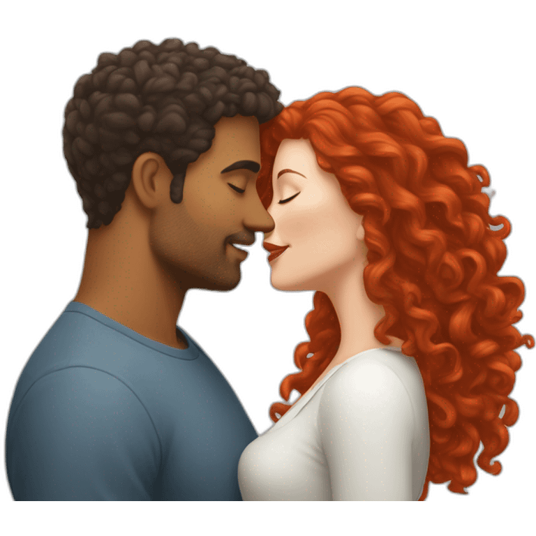 Brown man with a hair cut fade kissing a White woman with long red curly hair emoji