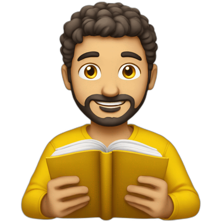 Armenian men with the yellow clothes reading book and looking at camera and smiling  emoji