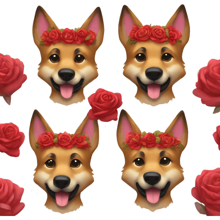 Brindled German shepherd fox carrying glowing red lantern, fairy lights, rose flower crown emoji