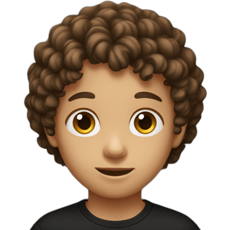 Young boy with brown curly hair and black tee shirt  emoji