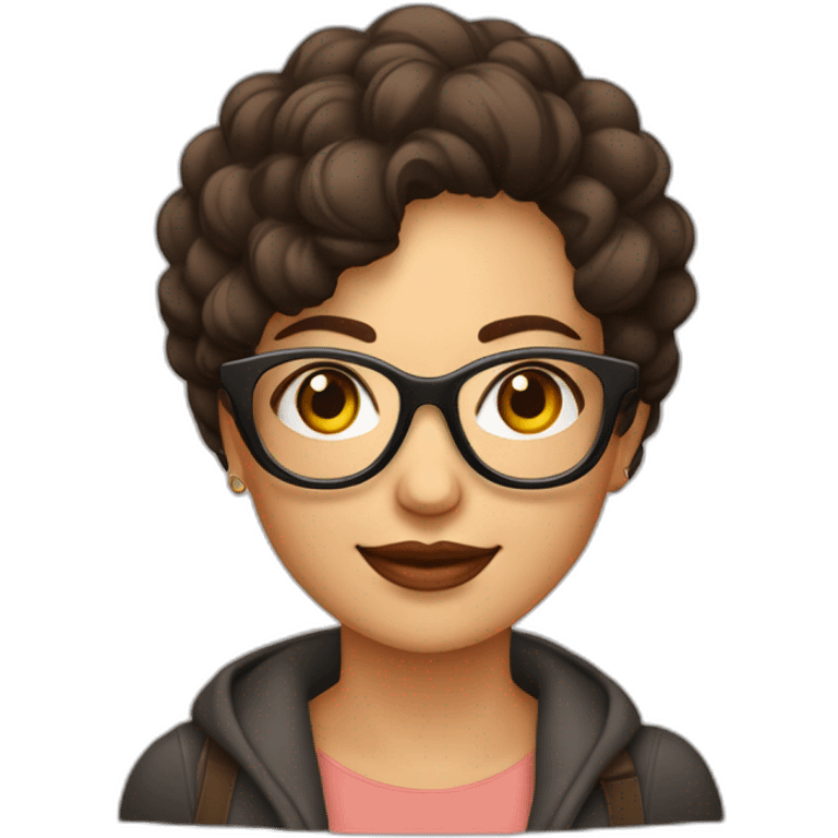 Mujer con cabello ondulado, morena, con lentes cuadrados color café  emoji