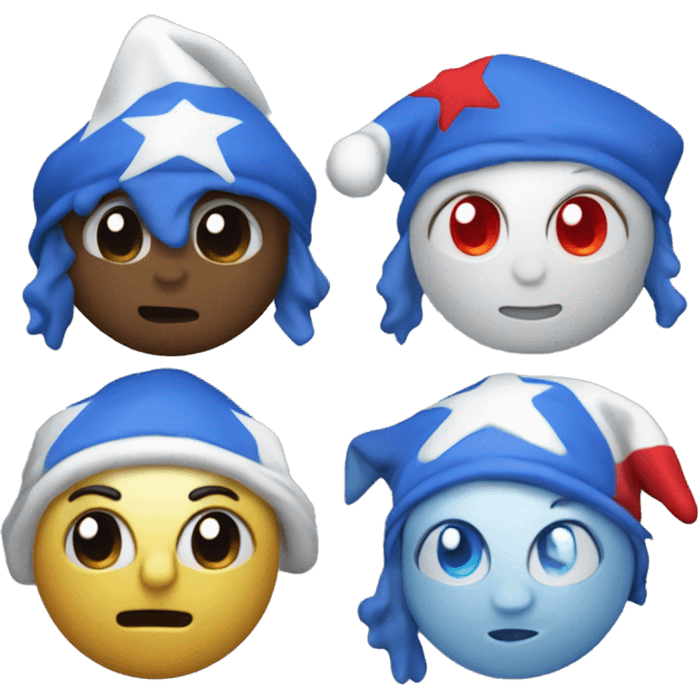 blue and white animatronic with red eyes, a blue sleeping cap with starts on it, jester ruffles, and baggy blue pants with star pattern on it emoji