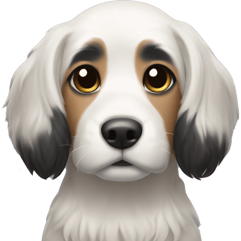 Dog with medium length black hair and white hair on the nose and stomach emoji