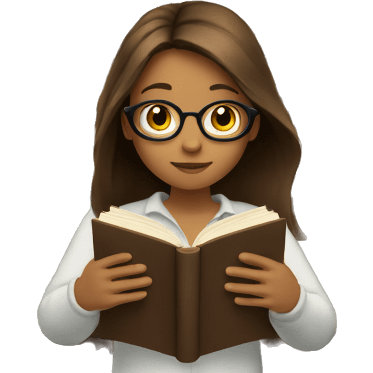 A girl with long brown hair reading a book without glasses emoji