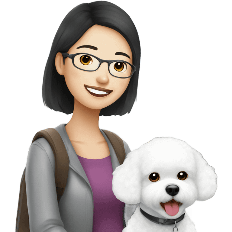 A cute and happy bichon frise with an Asian woman at the airport  emoji